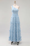 One Shoulder Light Blue A Line Wedding Guest Dress with 3D Flowers