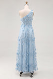One Shoulder Light Blue A Line Wedding Guest Dress with 3D Flowers