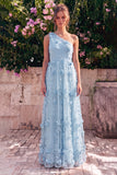 One Shoulder Light Blue A Line Wedding Guest Dress with 3D Flowers