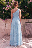 One Shoulder Light Blue A Line Wedding Guest Dress with 3D Flowers