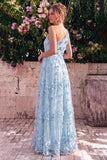 One Shoulder Light Blue A Line Wedding Guest Dress with 3D Flowers