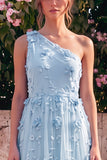 One Shoulder Light Blue A Line Wedding Guest Dress with 3D Flowers