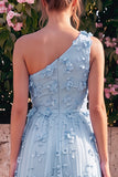 One Shoulder Light Blue A Line Wedding Guest Dress with 3D Flowers
