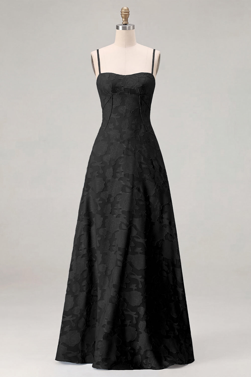 Wedtrend Women Sky Blue A Line Bridesmaid Dress with Lace-up Back Floral Jacquard Spaghetti Straps Long Wedding Guest Dress, Black / US14
