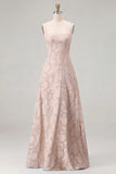 Sky Blue A Line Floral Jacquard Bridesmaid Dress with Lace-up Back