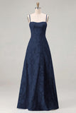 Sky Blue A Line Floral Jacquard Bridesmaid Dress with Lace-up Back