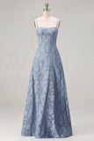 Sky Blue A Line Floral Jacquard Bridesmaid Dress with Lace-up Back