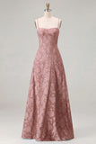 Sky Blue A Line Floral Jacquard Bridesmaid Dress with Lace-up Back
