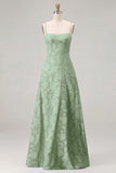 Sky Blue A Line Floral Jacquard Bridesmaid Dress with Lace-up Back