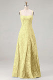 Sky Blue A Line Floral Jacquard Bridesmaid Dress with Lace-up Back