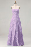 Sky Blue A Line Floral Jacquard Bridesmaid Dress with Lace-up Back