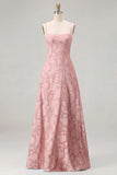 Sky Blue A Line Floral Jacquard Bridesmaid Dress with Lace-up Back