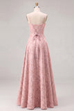 Sky Blue A Line Floral Jacquard Bridesmaid Dress with Lace-up Back