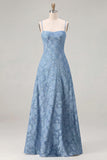 Sky Blue A Line Floral Jacquard Bridesmaid Dress with Lace-up Back