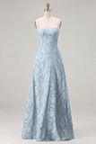 Sky Blue A Line Floral Jacquard Bridesmaid Dress with Lace-up Back