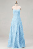 Sky Blue A Line Floral Jacquard Bridesmaid Dress with Lace-up Back