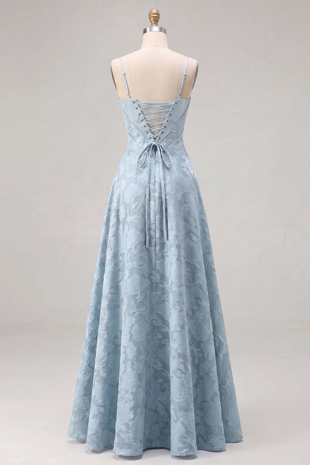 Wedtrend Women Sky Blue A Line Bridesmaid Dress with Lace-up Back Floral Jacquard Spaghetti Straps Long Wedding Guest Dress – WEDTREND