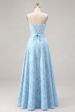 Sky Blue A Line Floral Jacquard Bridesmaid Dress with Lace-up Back
