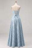Sky Blue A Line Floral Jacquard Bridesmaid Dress with Lace-up Back