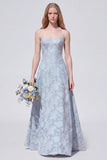 Sky Blue A Line Floral Jacquard Bridesmaid Dress with Lace-up Back