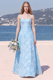 Sky Blue A Line Floral Jacquard Bridesmaid Dress with Lace-up Back