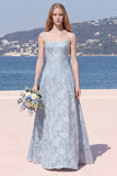 Sky Blue A Line Floral Jacquard Bridesmaid Dress with Lace-up Back