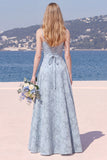 Sky Blue A Line Floral Jacquard Bridesmaid Dress with Lace-up Back