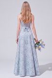Sky Blue A Line Floral Jacquard Bridesmaid Dress with Lace-up Back