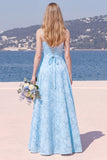 Sky Blue A Line Floral Jacquard Bridesmaid Dress with Lace-up Back