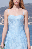 Sky Blue A Line Floral Jacquard Bridesmaid Dress with Lace-up Back