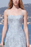 Sky Blue A Line Floral Jacquard Bridesmaid Dress with Lace-up Back