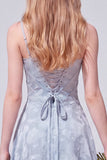 Sky Blue A Line Floral Jacquard Bridesmaid Dress with Lace-up Back