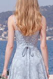 Sky Blue A Line Floral Jacquard Bridesmaid Dress with Lace-up Back