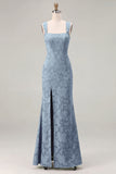 Dusty Sage Square Neck Floral Jacquard Bridesmaid Dress with Bow