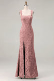 Dusty Sage Square Neck Floral Jacquard Bridesmaid Dress with Bow