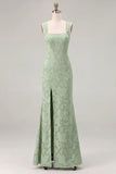 Dusty Sage Square Neck Floral Jacquard Bridesmaid Dress with Bow