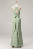 Dusty Sage Square Neck Floral Jacquard Bridesmaid Dress with Bow