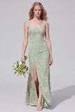 Dusty Sage Square Neck Floral Jacquard Bridesmaid Dress with Bow
