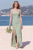 Dusty Sage Square Neck Floral Jacquard Bridesmaid Dress with Bow