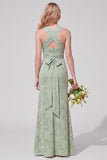 Dusty Sage Square Neck Floral Jacquard Bridesmaid Dress with Bow
