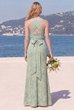 Dusty Sage Square Neck Floral Jacquard Bridesmaid Dress with Bow