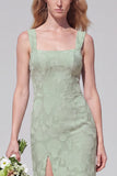Dusty Sage Square Neck Floral Jacquard Bridesmaid Dress with Bow