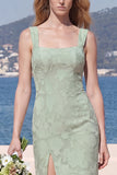 Dusty Sage Square Neck Floral Jacquard Bridesmaid Dress with Bow