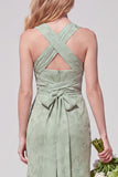 Dusty Sage Square Neck Floral Jacquard Bridesmaid Dress with Bow