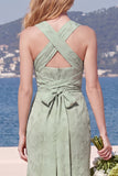 Dusty Sage Square Neck Floral Jacquard Bridesmaid Dress with Bow