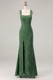 Dusty Sage Square Neck Floral Jacquard Bridesmaid Dress with Bow
