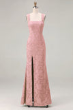 Dusty Sage Square Neck Floral Jacquard Bridesmaid Dress with Bow