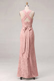 Dusty Sage Square Neck Floral Jacquard Bridesmaid Dress with Bow