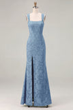 Dusty Sage Square Neck Floral Jacquard Bridesmaid Dress with Bow