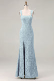 Dusty Sage Square Neck Floral Jacquard Bridesmaid Dress with Bow